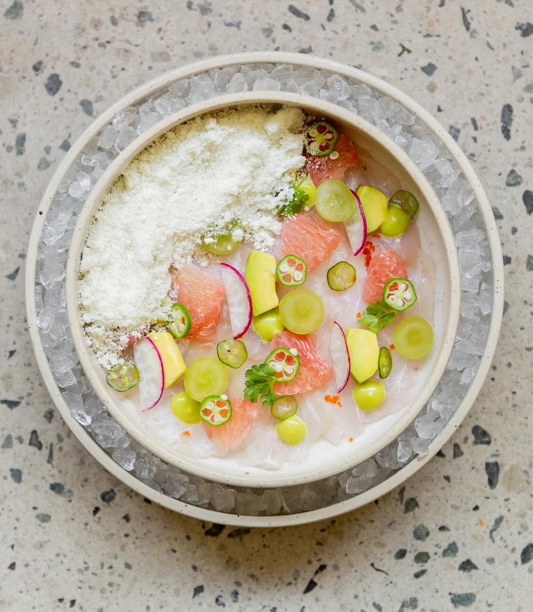 Snapper Kinilaw — Habanero Vinegar, Yuzu, Coconut Ginger Snow